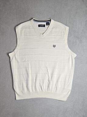 Chaps Sweater Vest Solid Cream Cotton V Neck Size L